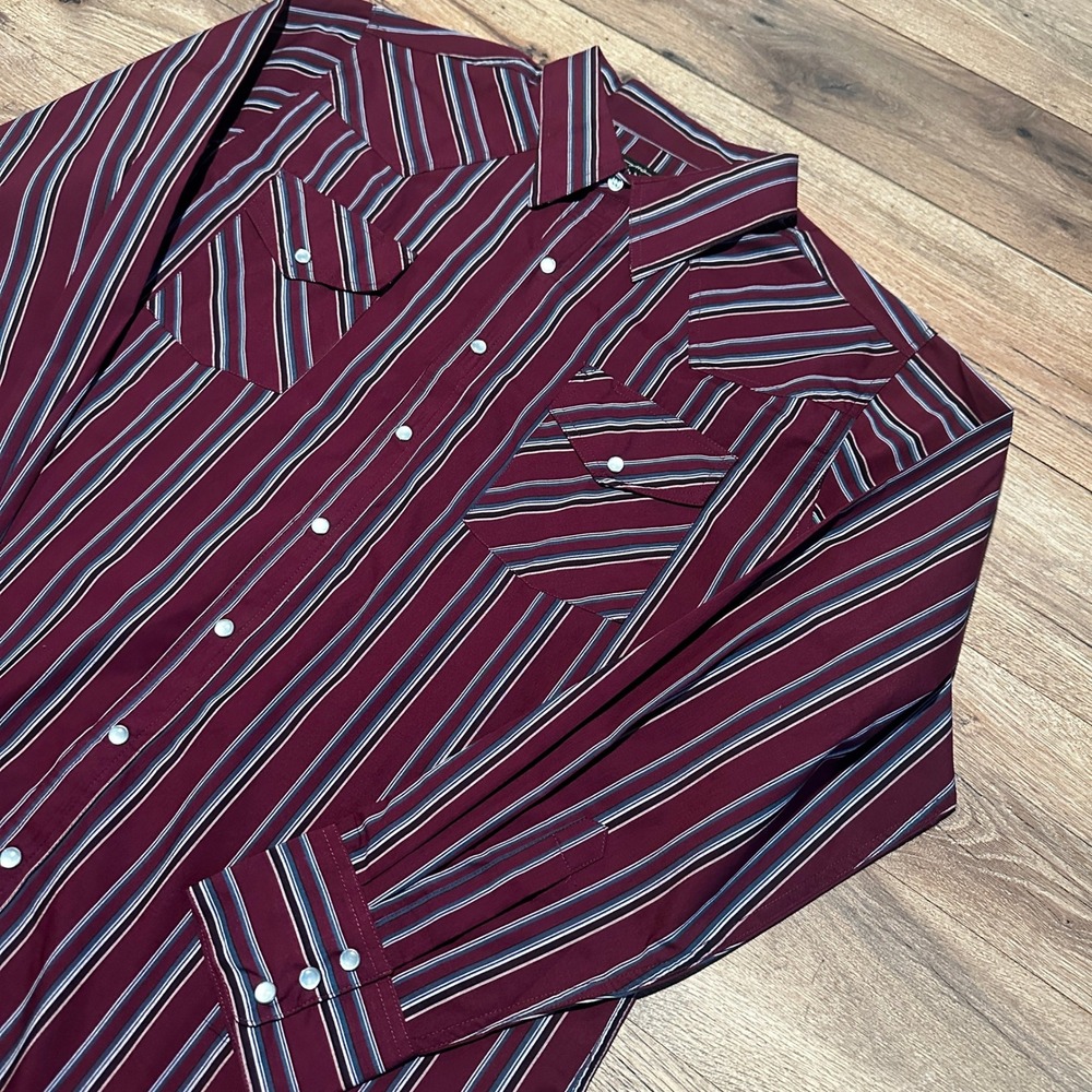 High Noon Burgundy Striped Western Pearl Snap Shirt Mens XL Tall
